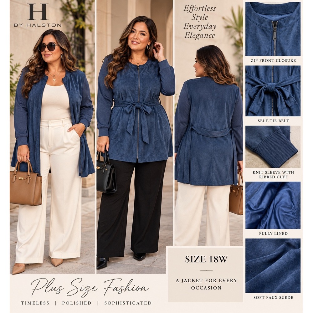 H by Halston Navy Blue Faux Suede Mixed Media Belted Tunic Top 18W